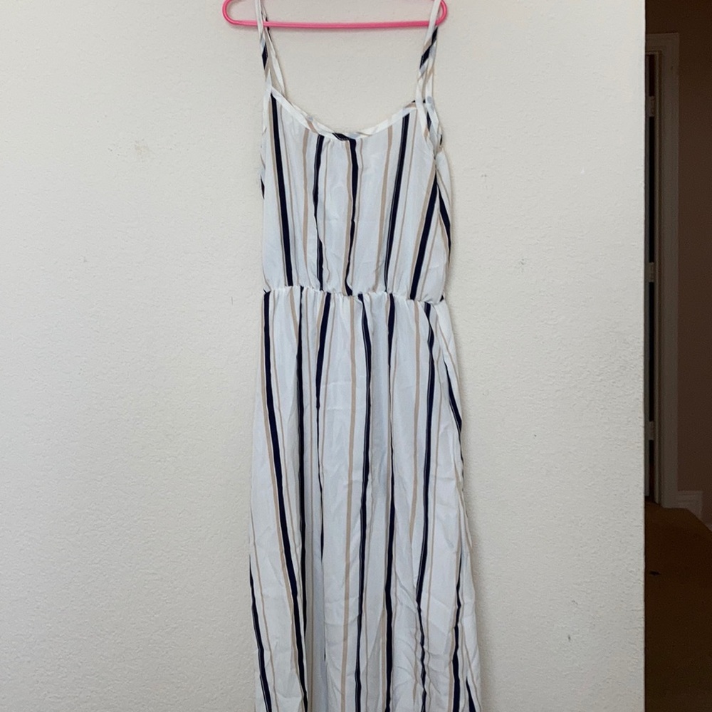 Spaghetti strap blue and tan striped dress